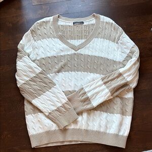 Unisex V-Neck Striped Cable Knit Sweater - Beige & Cream